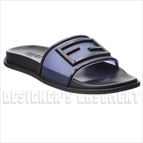 Fendi Other - FENDI men 12 Black with transparent Navy FF BAGUETTE LOGO flip flop slides shoes